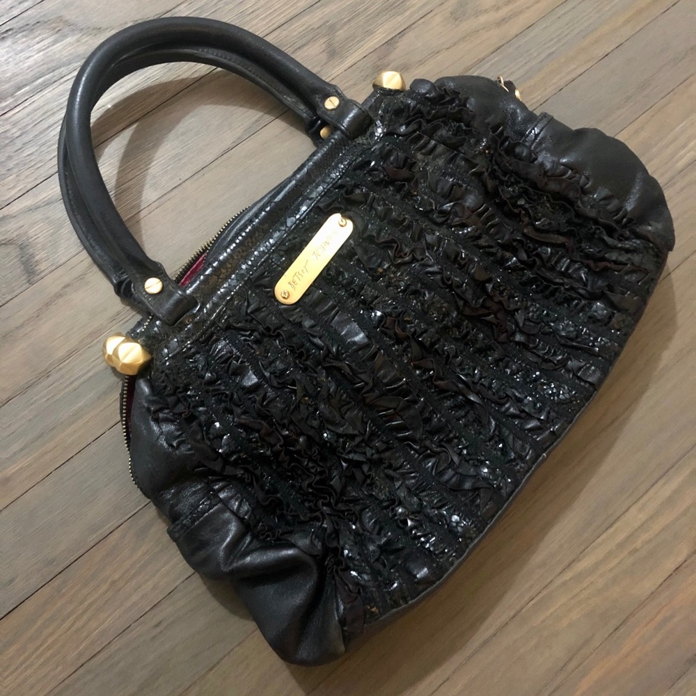 Betsey Johnson Black ruffle snakeskin handbag